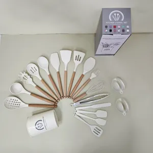 19-piece silicone kitchen utensil set with wooden handles and storage holder cooking tools