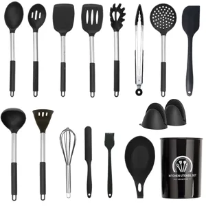 17-teiliges schwarzes Silikon Küchenutensilien Set mit Edelstahigriffen und Behälter.