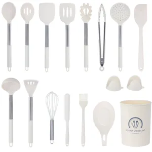 17-teiliges Silikon Küchenutensilien Set mit Edelstahlgriffen und Halter zum Kochen Antihaft