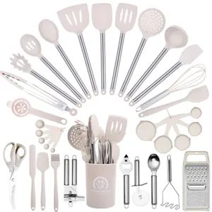 Heat Resistant Silicone Kitchen Utensils Cooking Tools Set with Stainless Steel Handles and Storage Holder for Nonstick Cookware