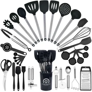 34-piece silicone kitchen utensil set with stainless steel handles and holder for cooking.