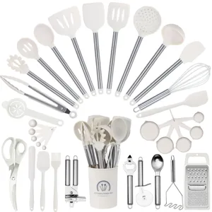 Comprehensive 34-piece white silicone kitchen utensil set with stainless steel handles