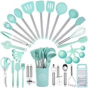 34-piece mint green silicone kitchen utensil set with stainless steel handles for cooking.