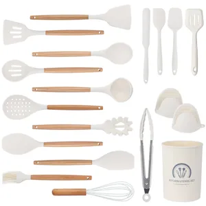 19-piece silicone kitchen utensils set with wooden handles white heat resistant tools