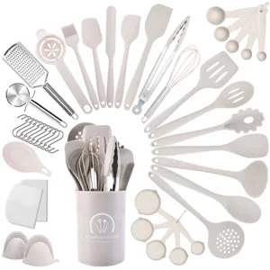 Heat Resistant Silicone Kitchen Utensil Set Non Stick Cooking Tools With Holder Stainless Steel Handle Modern Kitchen Gadgets