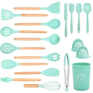 19-piece heat-resistant silicone kitchen utensil set with wooden handles for non-stick cookware