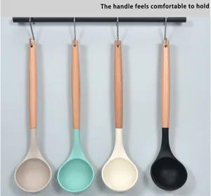Silicone soup ladle detail showing comfortable wooden handle and heat resistant spoon head.