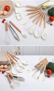 Silicone kitchen utensil set details, heat-resistant spatula and soup spoon with wooden handle.