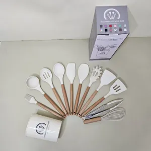 Detail shot of 11-piece silicone kitchen utensil set with wooden handles and storage holder.