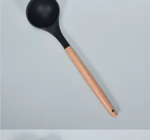 Silicone kitchen soup ladle with wooden handle non-stick heat resistant cooking spoon