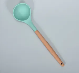 Green silicone soup ladle with wooden handle heat resistant nonstick kitchen cooking spoon