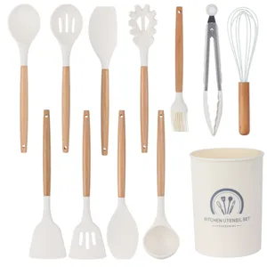 Cream White Silicone Kitchen Utensils Set Wooden Handle Non Stick Cooking Spatula Soup Spoon Kitchen Tool Set