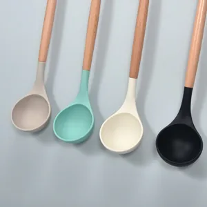 Silicone soup ladle with wooden handle, heat resistant non-stick kitchen cooking spoon set.