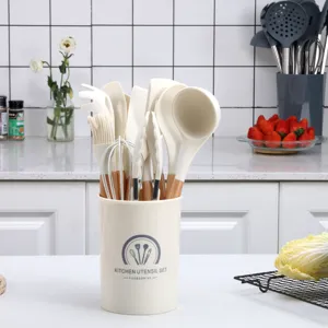 Silicone kitchen utensil set with wooden handle 11 pieces heat resistant cooking tools holder