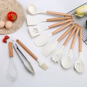Cream silicone kitchen utensil set 11pcs wooden handle non-stick cookware spatula