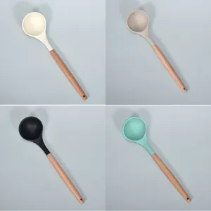 Silicone soup ladle with wooden handle heat resistant kitchen cooking spoon nonstick