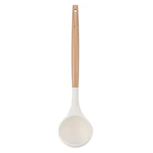 Silicone soup ladle with wooden handle, non-stick cookware kitchen cooking spoon main view