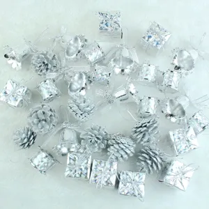 Silver Christmas Tree Hanging Ornaments Shiny Electroplated Miniature Gift Box Bells Pinecones Holiday Party Decor