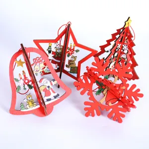 Adornos colgantes rojos de madera árbol de navidad campana estrella copo fiesta ventana