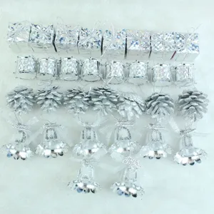 Silver Christmas tree hanging ornaments set, 32pcs gift boxes, drums, pine cones, bells.
