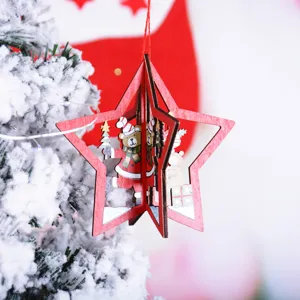 Adorno colgante de estrella de árbol de Navidad de madera detalle, oso decoración.