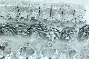 Silver Christmas tree hanging ornaments set, small gift boxes, drums and bells decor.