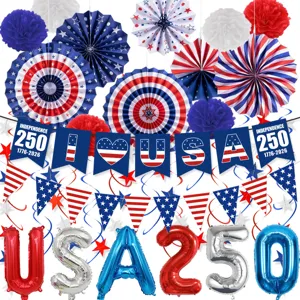 Detailed view of red white and blue party decorations paper fans and patriotic banner set