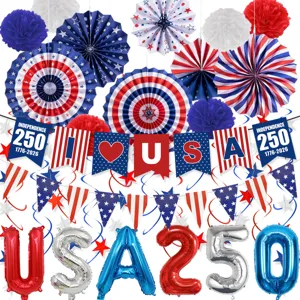 US 250th Independence Day party decorations set with paper fans, banners and foil balloons.