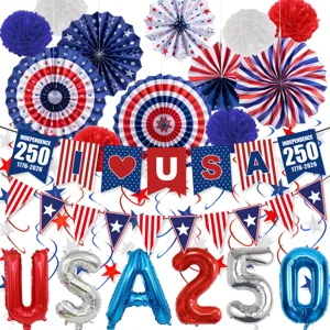 USA 250th Independence Day party decoration set with paper fans banners and balloons red white blue