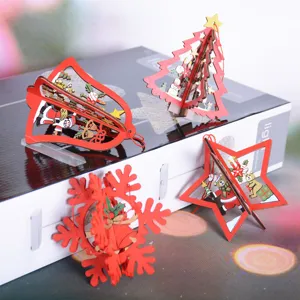 Adornos de Navidad de Madera Calado Colgante Tridimensional Rojo Copo de Nieve Estrella Campana Árbol para Fiesta Escaparate Tienda Decoración Hogar