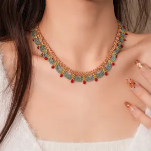 Handgemaakte glasral kralen geweven choker ketting, vintage etnische stijl sieraden voor dames.
