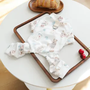 Cute teddy bear print pet jumpsuit with D-ring, soft four-legged dog clothes for small dogs and cats.