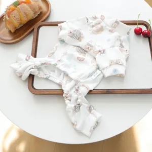 Cute bear print pet pajamas for small dogs and cats, soft and comfortable four-legged clothing.