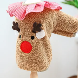 Lindo abrigo de forro polar para mascota reno con cuello a cuadros, suave y cálida ropa.