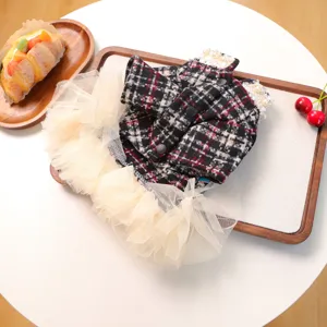 Süßes Karo Hundekleid Welpe mit Perlen-Spitzenkragen und Tüll-Rock für kleine Hunde Mode