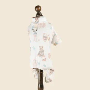 Cute dog pajamas detail shot showing soft knitted fabric and adorable puppy print design.