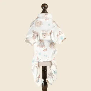 Cute pet jumpsuit with adorable puppy print, soft knit fabric for small dogs and cats.