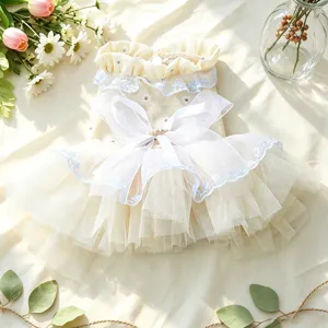Petcircle Hundekleid Kleiner Hund Welpe Tüll Tutu Rock Walzer Gaze Spitze Floral Prinzessin Haustier Kleidung Champagner Schleife Kleid