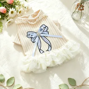 Pet Dog Dress Lace Collar Blue Bow Mesh Skirt Puppy Autumn Winter Warm Princess Clothes For Small Dogs Cats