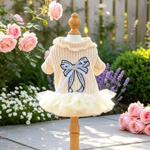Detail shot of the cute pet dog winter dress featuring a delicate lace collar and blue bow.