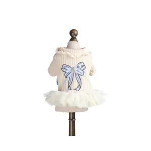 Cute small dog sweater dress with lace collar and blue bow, warm winter pet apparel for puppies.