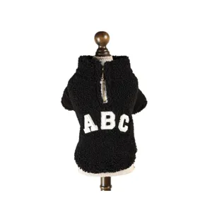 Black pet fleece jacket with half zipper and cute letter applique, warm winter dog cat coat.