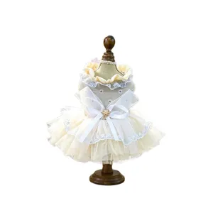 Süßes Welpen Tüll-Tutukleid für kleine Hunde, mehrlagiger Spitzen-Prinzessinnenrock, cremefarben.