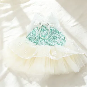 Petcircle Vestito per Cani di Piccola Taglia Cucciolo Principessa Festa Mint Green Pizzo Tulle Vestito Con Perla Artificiale Strass Abbigliamento Animali