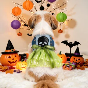 Pet Halloween Denim Mesh Dog Dress Neon Green Skull Pattern Punk Style Dog Clothes For Small Dogs Puppy Holiday Party Outfit