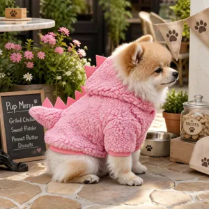 Cute pink dinosaur pet fleece hoodie for small dogs, warm winter puppy costume clothes.