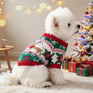 Festive Christmas pet sweater for small dogs, featuring cute reindeer and holiday knit pattern.