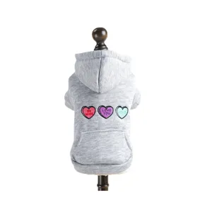 Grey cute pet dog hoodie with heart embroidery, warm winter puppy clothes for small dogs main.