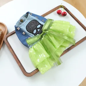 Pet denim tulle dress with skull embroidery and green bow for small dogs puppy apparel.