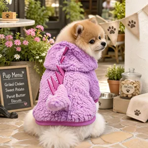 Detailed shot of cute fluffy purple dinosaur pet costume for small dogs, warm winter wear features.